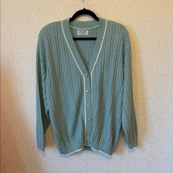 Alfred Dunner Sweaters - Vintage Alfred Dunner Light Blue/Teal Cardigan Sweater with White Trim Sz XL